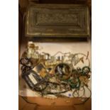 A collection of costume jewellery with some silver noted, together with Crawford's Biscuits and