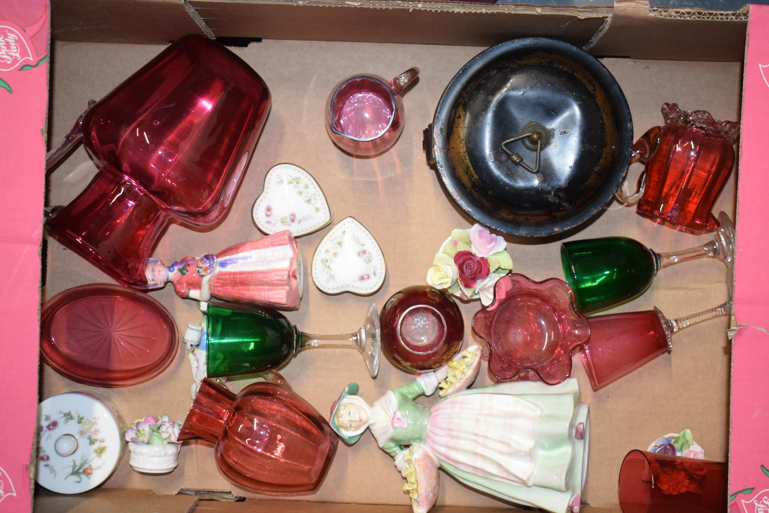 A collection of items to include cranberry glass, Doulton figure, antique metal spice drum with