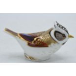 Boxed Royal Crown Derby paperweight in the form of a Crested Tit. First quality with gold stopper.