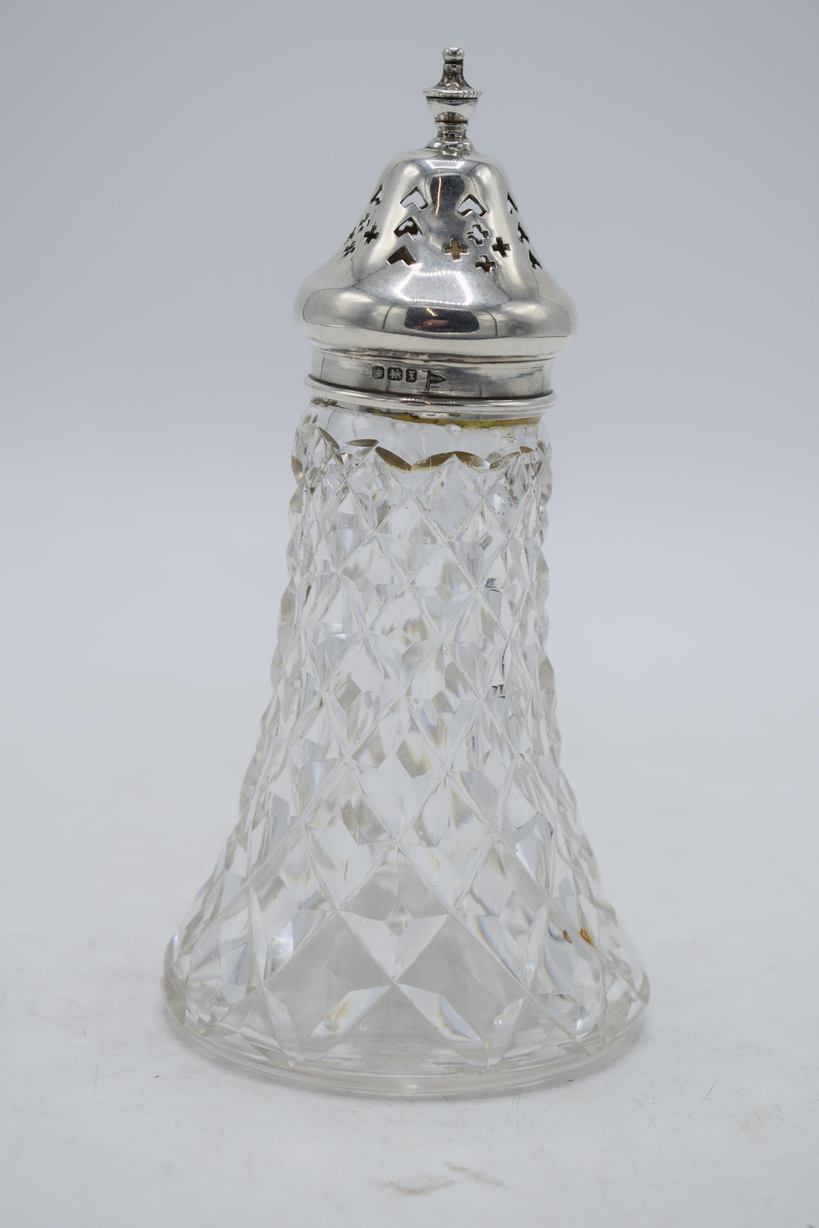 Silver topped and cut glass sugar sifter, Sheffield 1915.