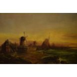 20th century H Burden oil on canvas in gilt-style frame of a coastal windmill scene, in a Dutch-