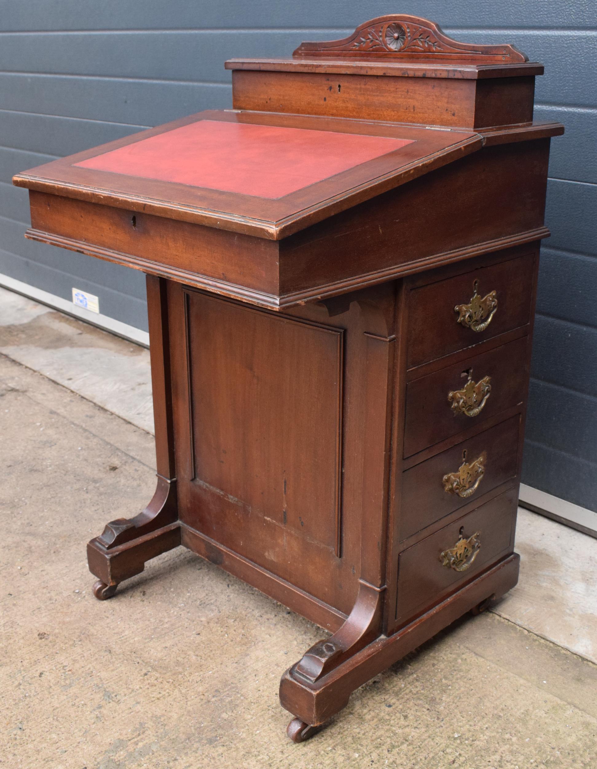 Edwardian Davenport desk with red leather inset and imitation drawers to left-hand side. 92cm