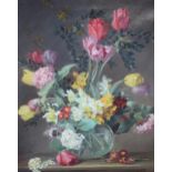 Albert Williams (British 1922-2010) oil on canvas, still life of flowers in globular glass vase upon