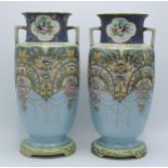 A large pair of Japanese Nippon-style IE & Co pottery double-handled vases with gilt floral