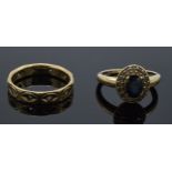 2 9ct gold rings, 5.7 grams, one with sapphire, one eternity ring (missing stones) (2).