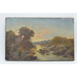 Antique oil on canvas landscape of a gentleman fishing in a river near a lodge in a rural scene,