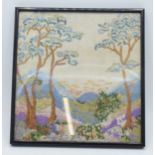 19th century framed silkwork of a rural scene, 20 x 19cm.