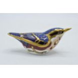 Boxed Royal Crown Derby paperweight in the form of a Nuthatch. First quality with gold stopper. In