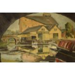Framed oil on board of inland waterway scene signed Wilfred Bishop 1961, 'Staffordshire Farmers