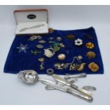 A collection of costume jewellery brooches and similar to include Robertsons and other, odd silver