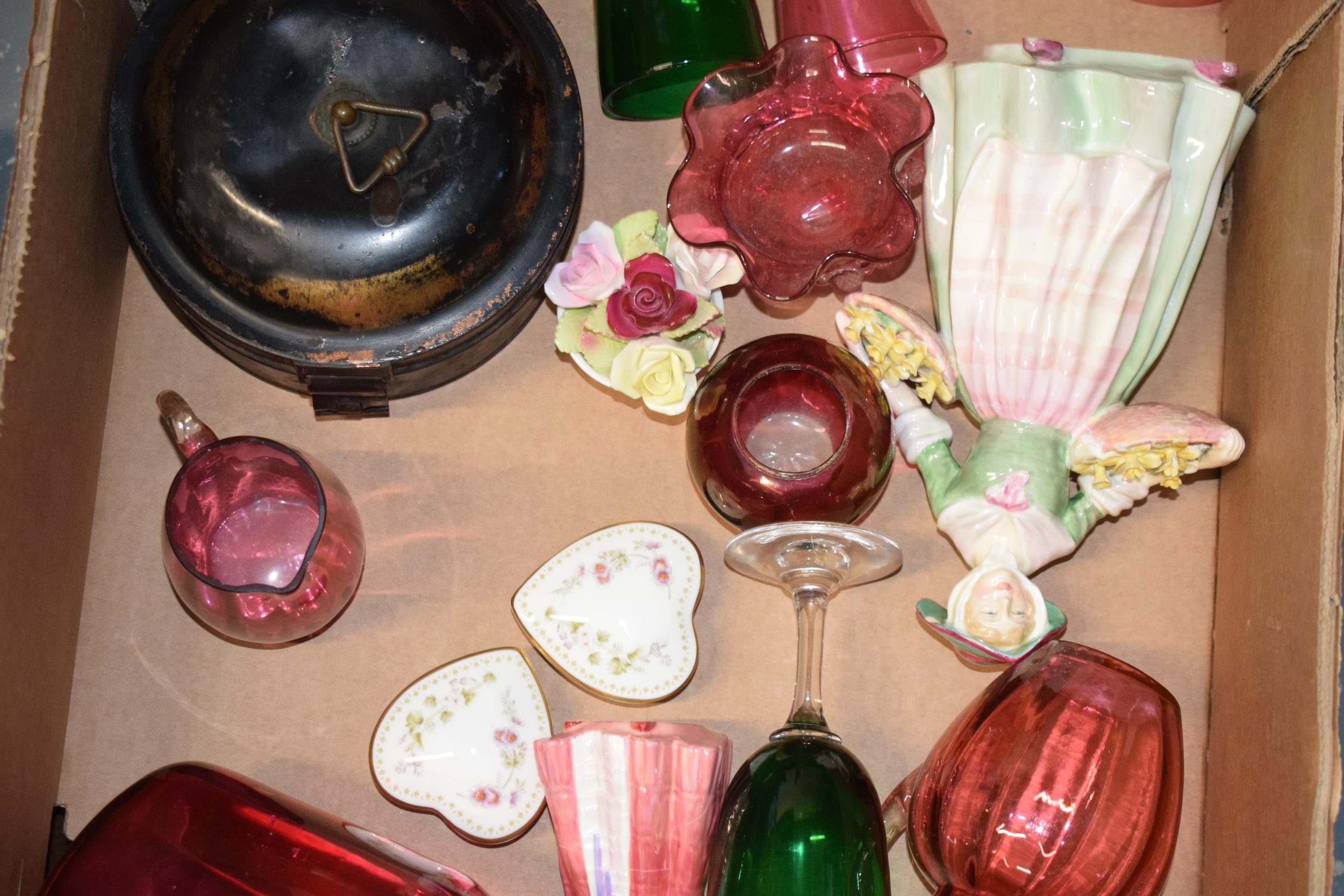 A collection of items to include cranberry glass, Doulton figure, antique metal spice drum with - Image 3 of 6