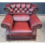 Red oxblood leather Chesterfield-style button-back armchair with metal beading, 110x96x92cm tall. In