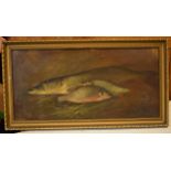 Framed oil on board depicting a trio of fish amongst murky waters, 26 x 54xm exc frame, gilt-style