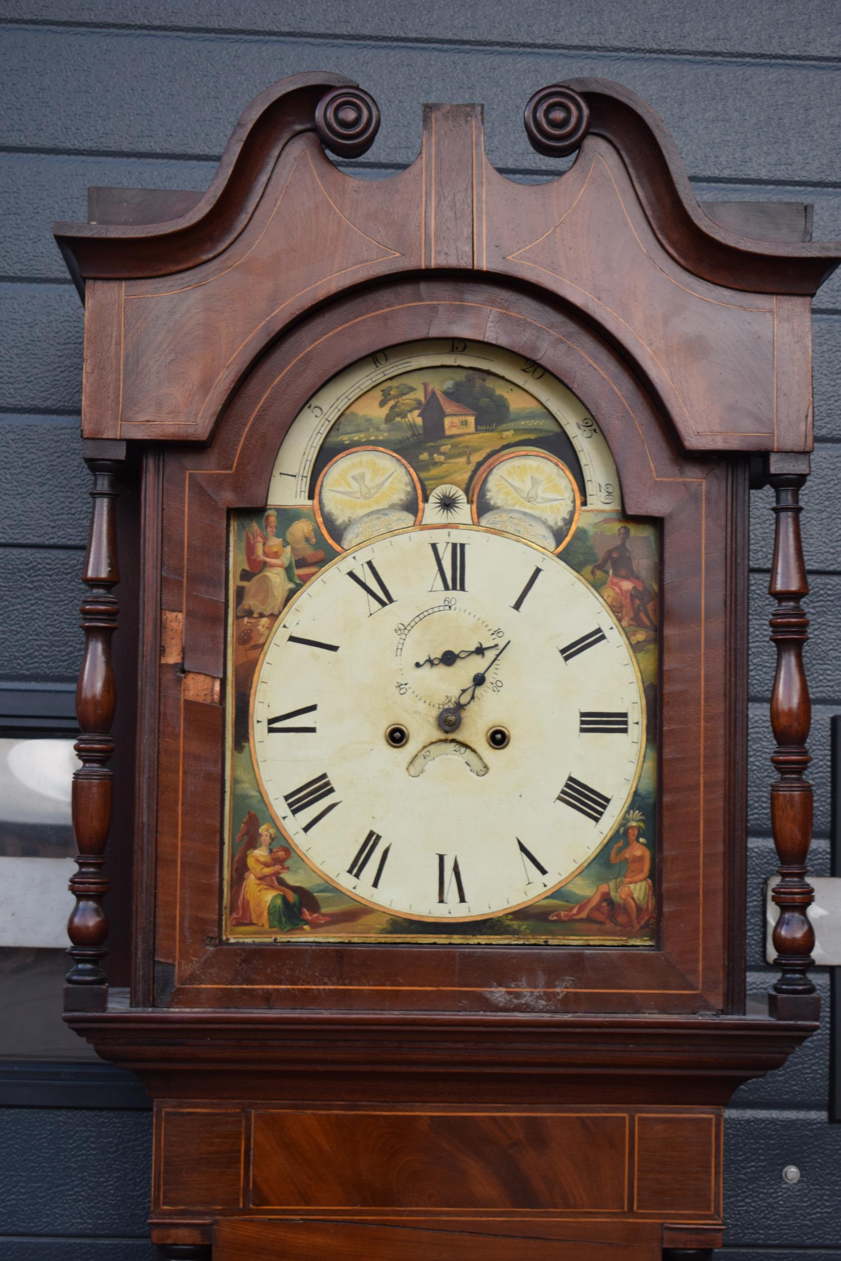 19th century mahogany longcase clock with arched rolling moon dial, with pendulum and weights, 222cm - Image 2 of 18