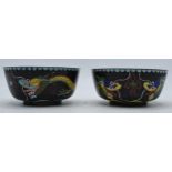 A pair of Japanese cloisonne bowls with dragon decoration on a black background (2), 11cm