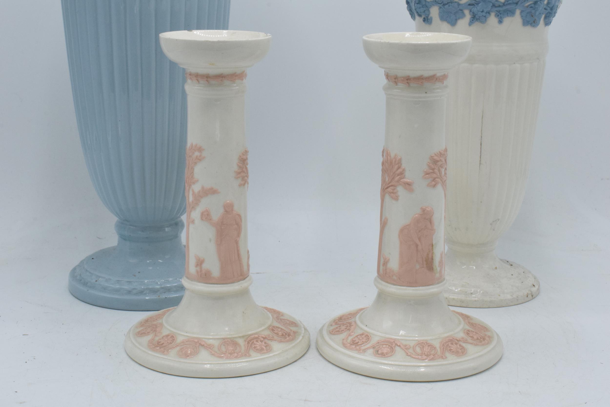 Wedgwood Queensware to include white on blue trumpet vase, 29cm tall, blue on white trumpet vase ( - Image 2 of 7