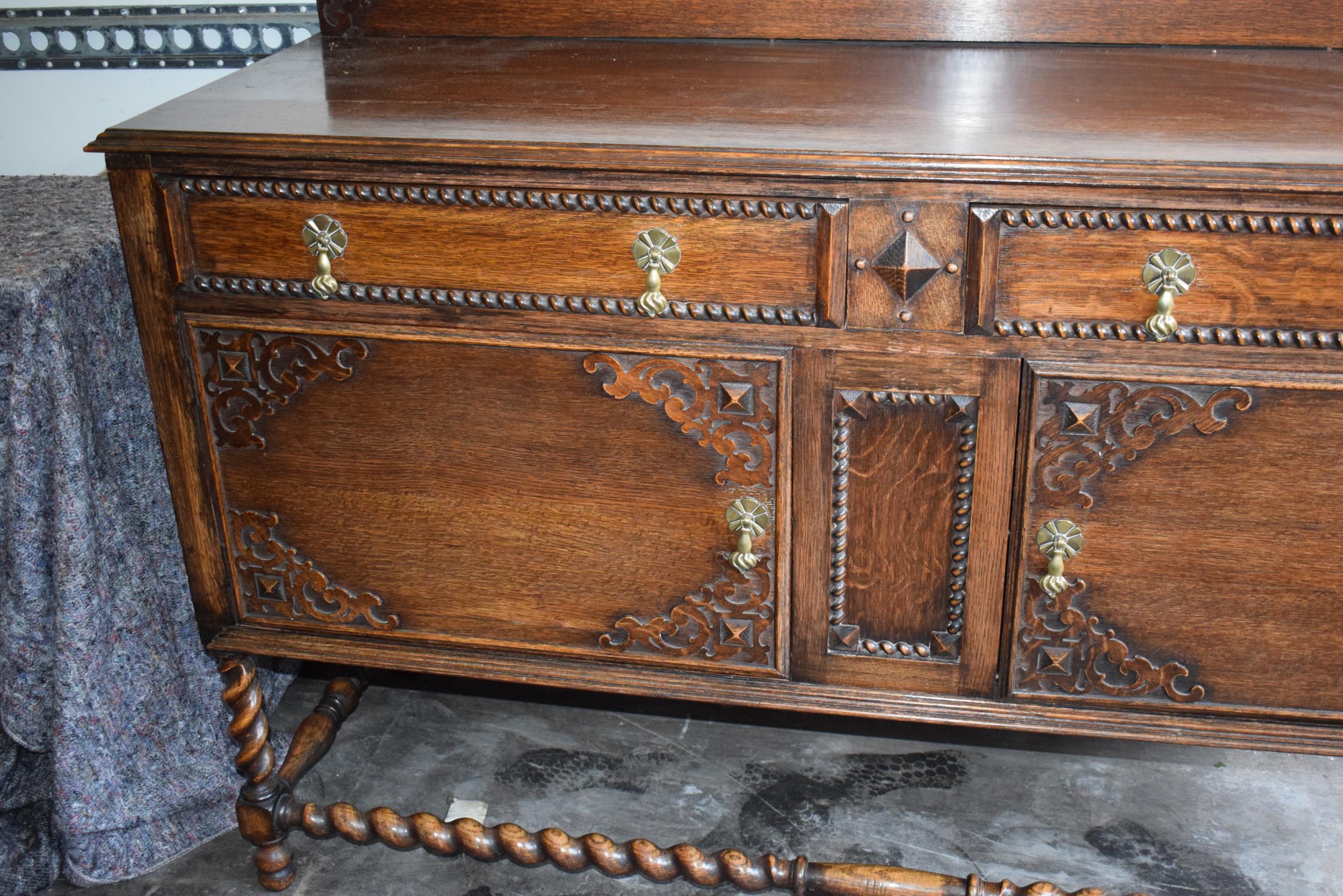 1930s oak sideboard with carved decoration with drawers and cupboards, 153x51x107cm tall. In good - Image 3 of 9