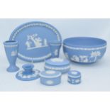 Wedgwood Jasperware in Blue: to include large bowl, dressing table tray, trinkets, vases and others.