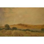 Joseph Kirkpatrick: watercolour landscape scene with corn stooks, signed Joseph Kirkpatrick, label