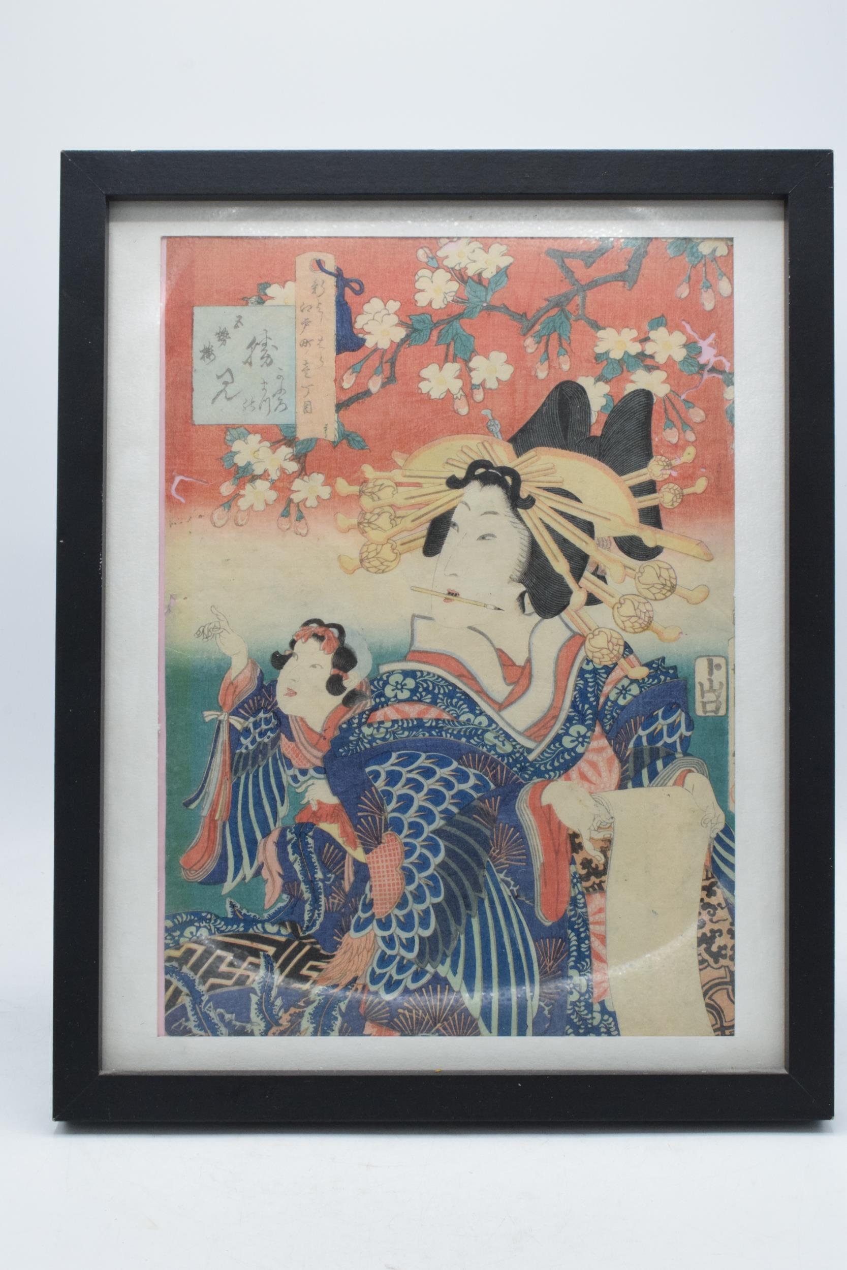 Japanese woodblock and hand tinted print of a Geisha girl, with marks to top left, 31x22cm exc