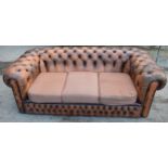 Brown leather deep buttoned Chesterfield three seater sofa with metal beading, 192x98x65cm tall,