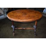 Victorian quarter-veneered burr walnut side table with inlaid decoration, turned pole stretcher,