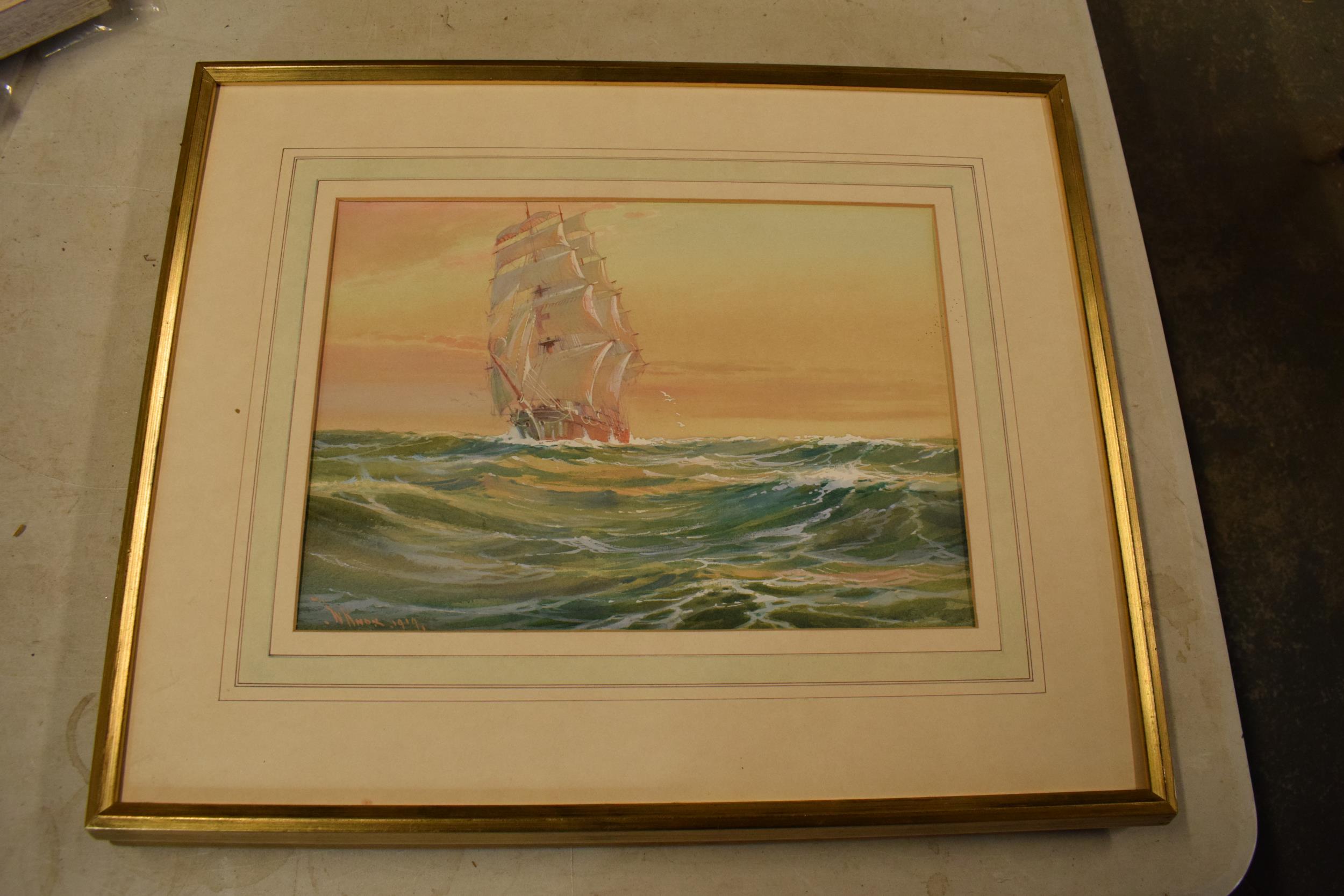 Framed Wilfred Knox (1884-1966) watercolour 'Clipper at Sea', 25 x 36, dated 1919, mounted and - Image 3 of 3