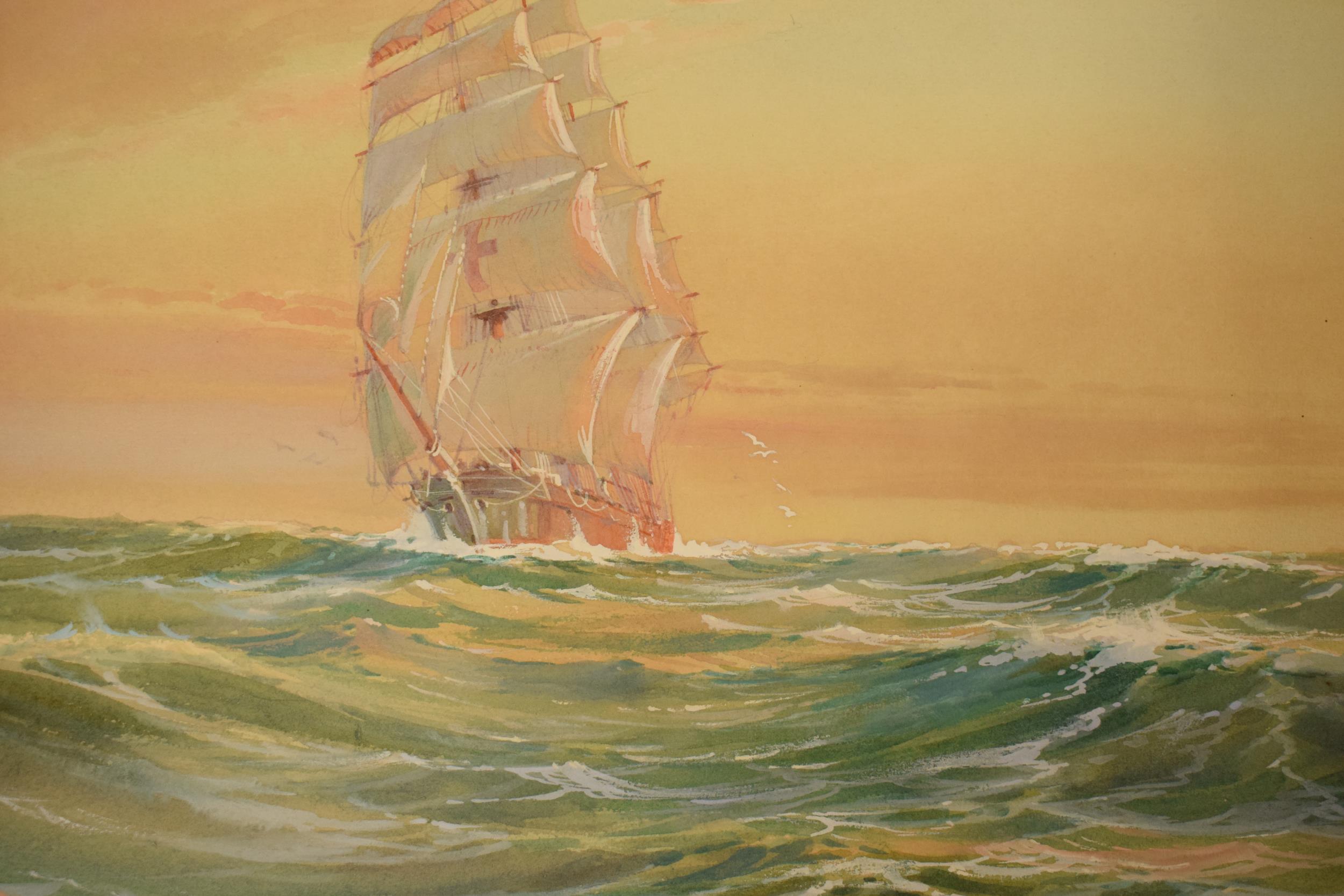 Framed Wilfred Knox (1884-1966) watercolour 'Clipper at Sea', 25 x 36, dated 1919, mounted and