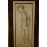 Framed contemporary nude of a lady posed with hands on her hips, 40 x 15cm exc fram and border,