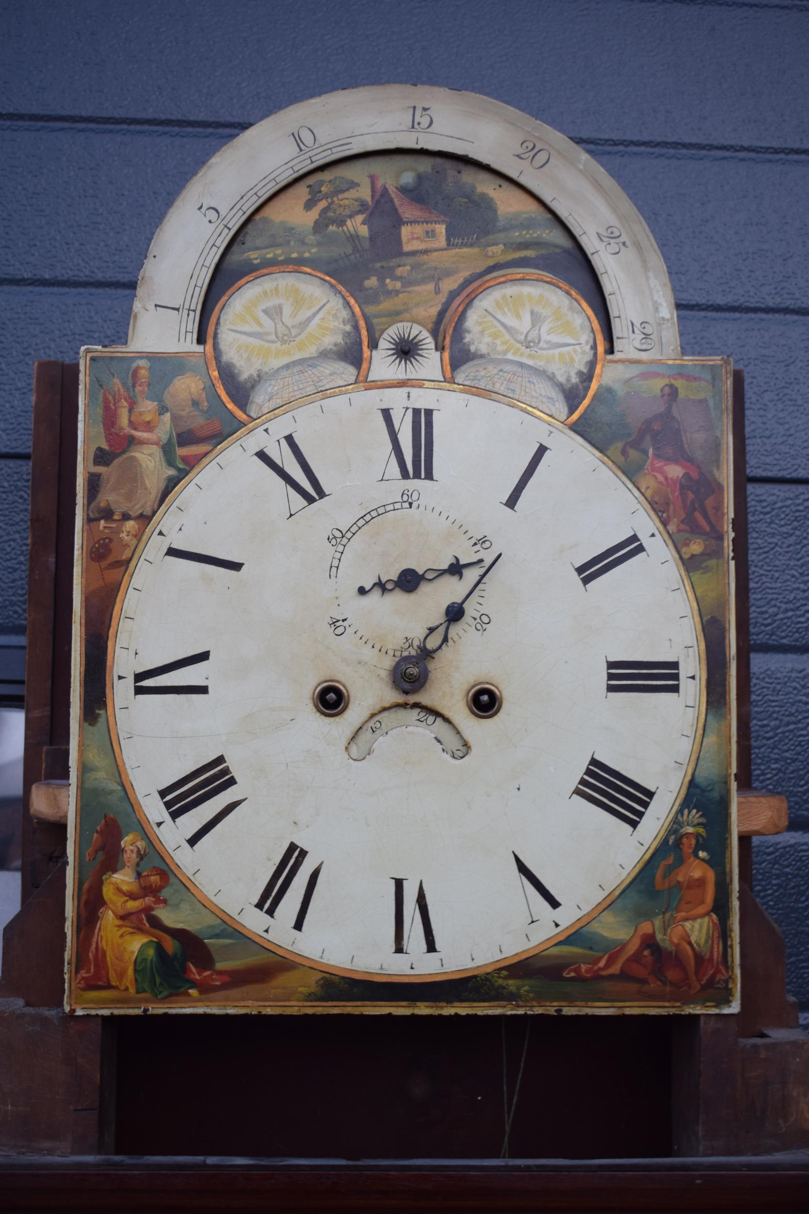 19th century mahogany longcase clock with arched rolling moon dial, with pendulum and weights, 222cm - Image 15 of 18