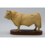 Beswick Charolais Bull on wooden plinth A2463 (chip / graze to right ear). Ear damaged otherwise