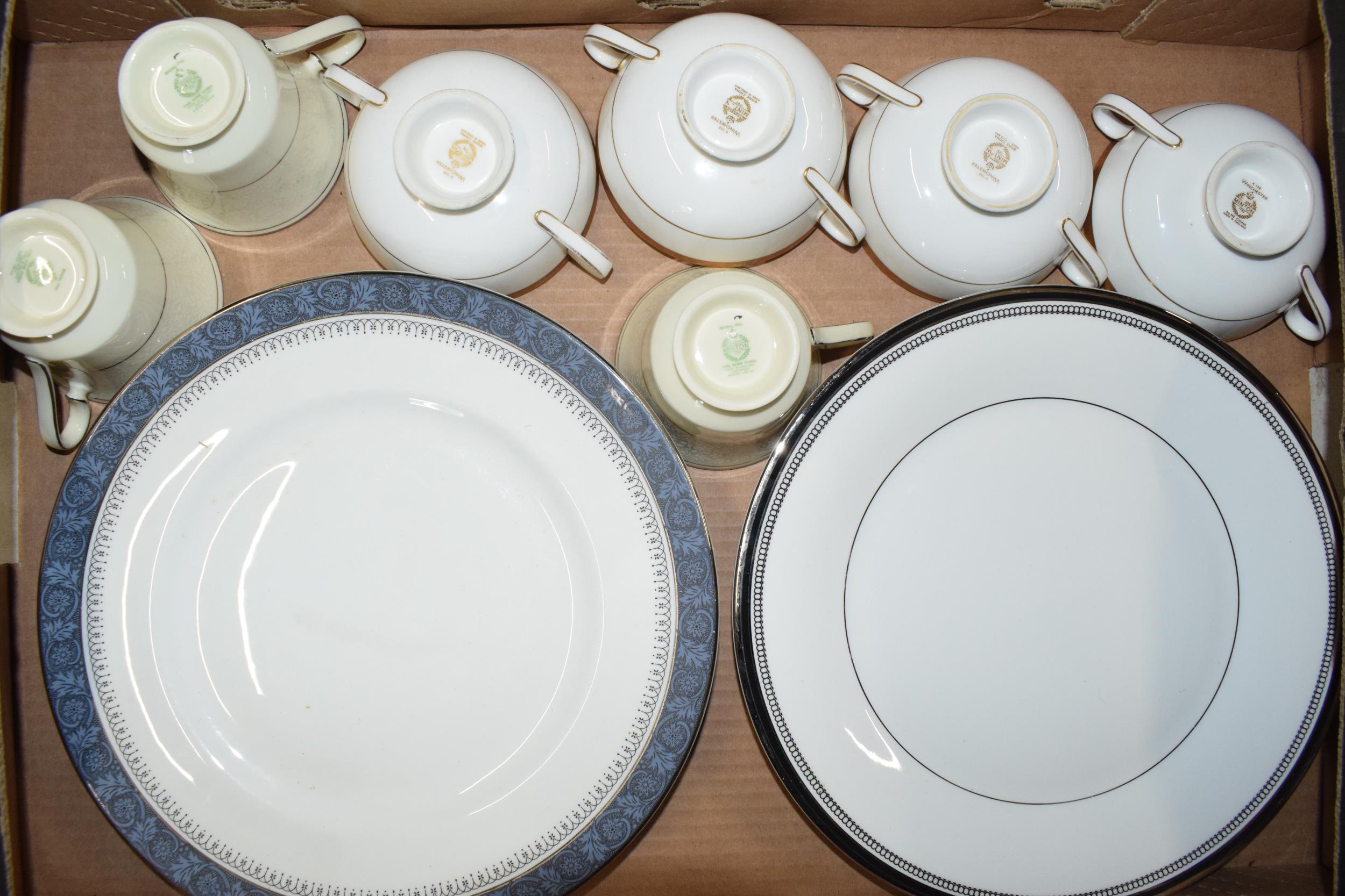 Royal Doulton and Minton tea ware of varying patterns and items to include dinner plates, cups, soup