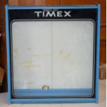 Timex: vintage Timex advertising shop display cabinet with blue MDF frame and glass to front with