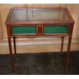 Quality reproduction inlaid specimen table / display cabinet table on legs, with hinged door,