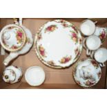 Royal Albert Old Country Roses teaware to include a teapot, urn, sugar, dinner plates, bowls, cake