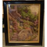 Framed 19th century tapestry of a cottage and the garden, 46 x 55cm inc frame. Collection /