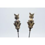 Pair of vintage brass and steel cat hatpins, 22cm long