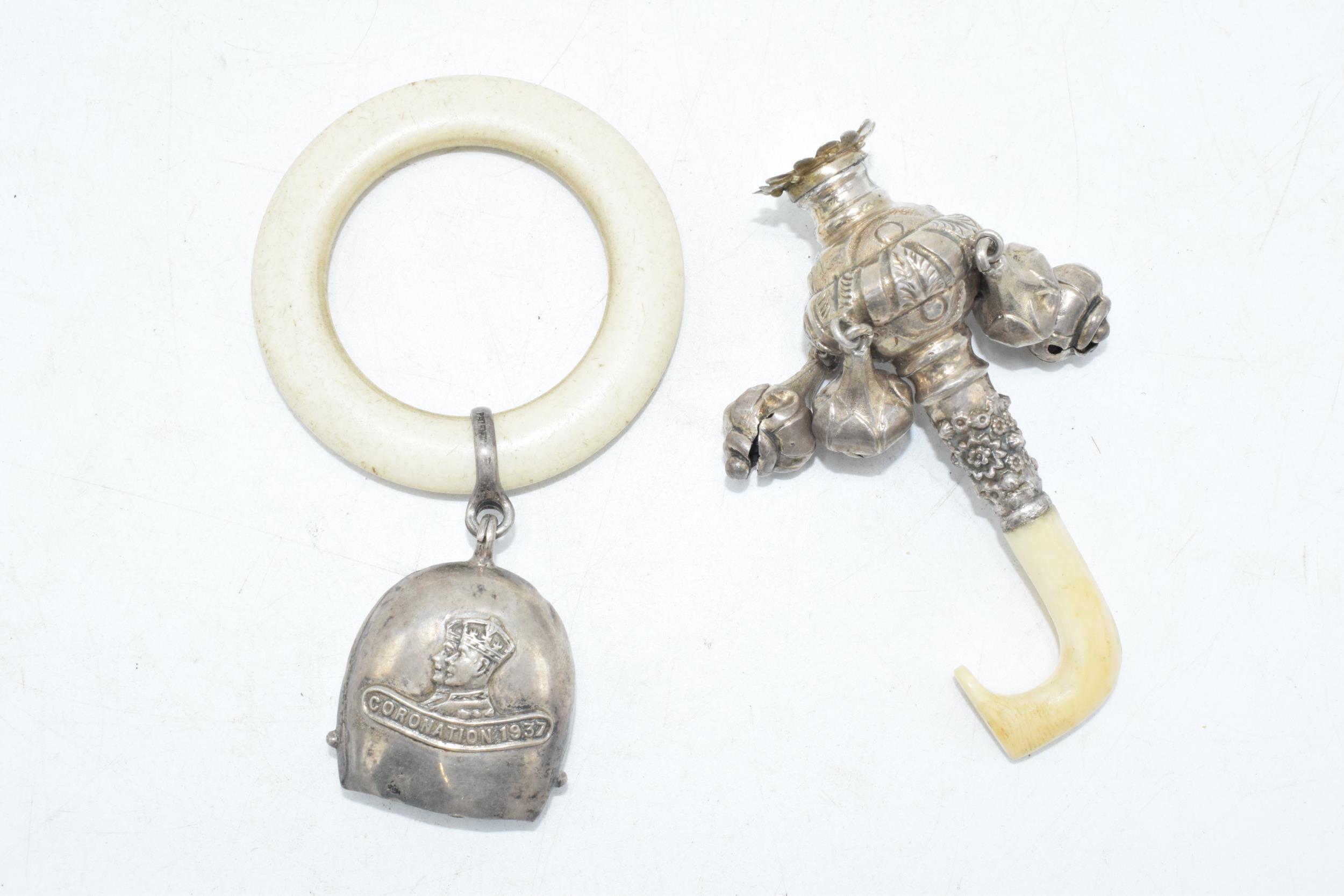 Hallmarked silver baby bell with teething ring together with a silver (marked 925) baby rattle - Image 2 of 3