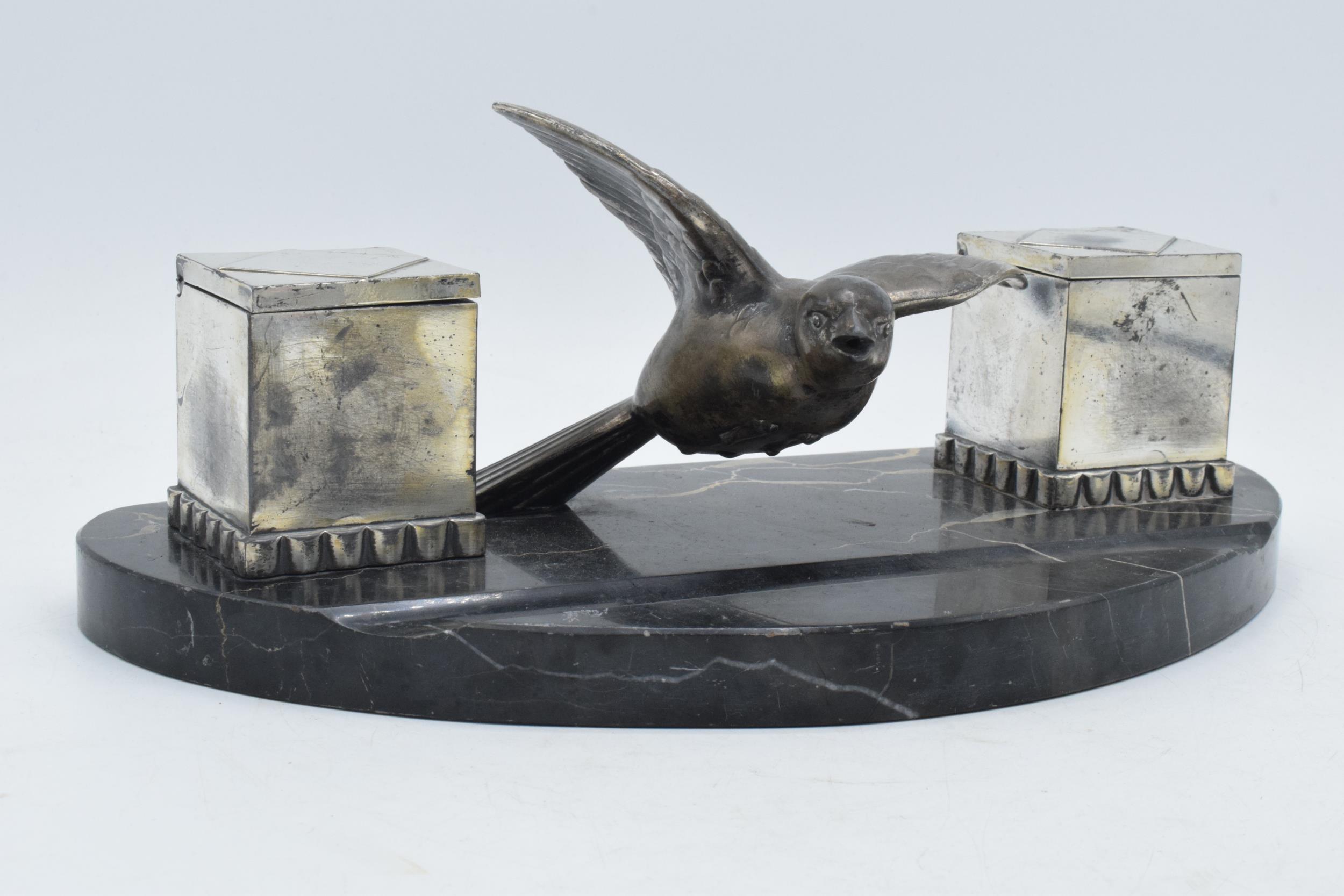 French Art-Deco ink well with a flying bird on marble base, 30cm wide.