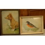 Donald Birbeck: watercolours of a corgi and a robin, signed by Birbeck , a former Royal Crown