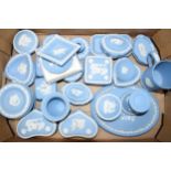 Wedgwood Jasperware in Blue: to include oval plaque, pin dishes, vases and others (approx 40).