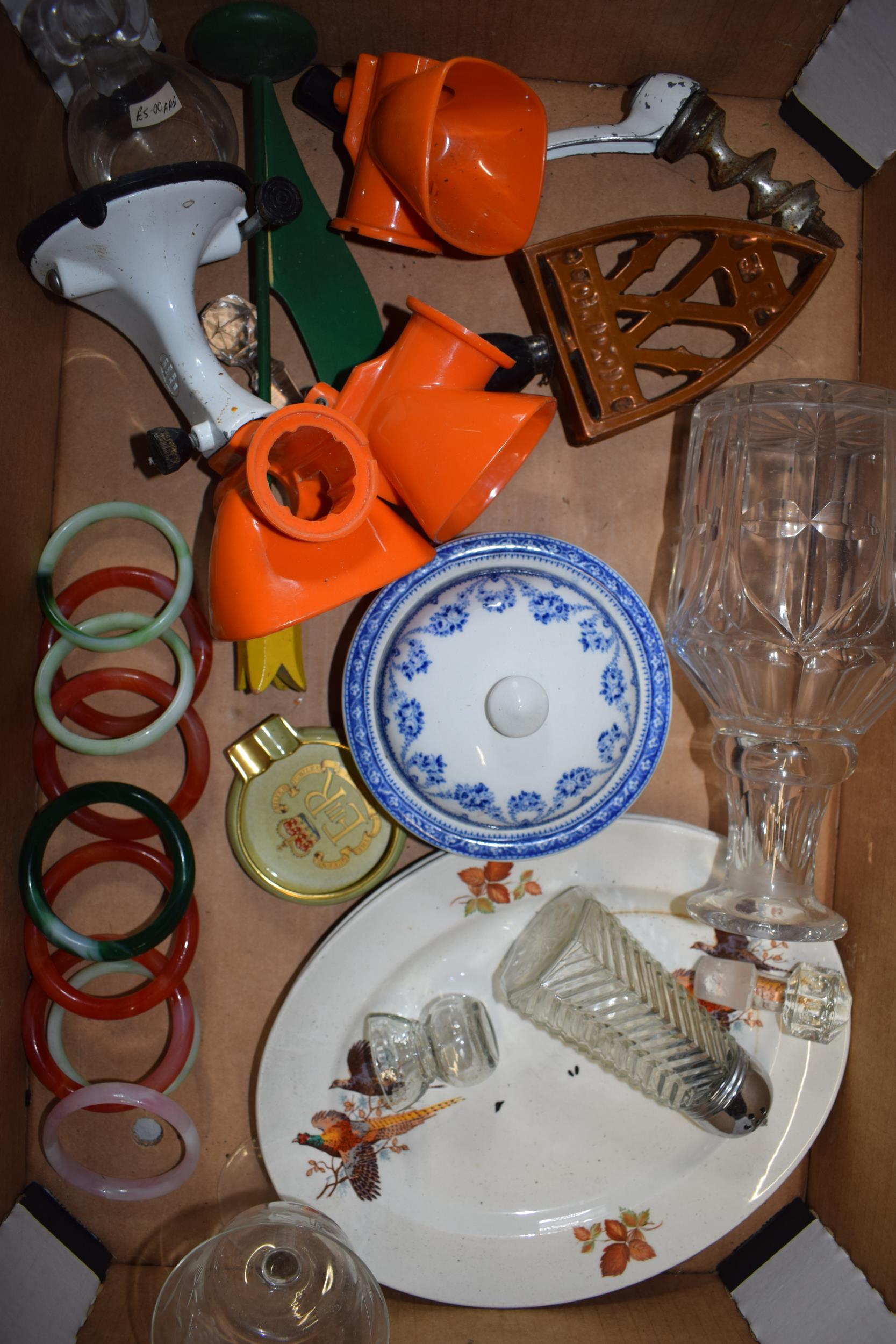 Mixed items to include jade-style glass bangles, 19th century pottery, decanter, food grinder and