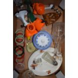 Mixed items to include jade-style glass bangles, 19th century pottery, decanter, food grinder and