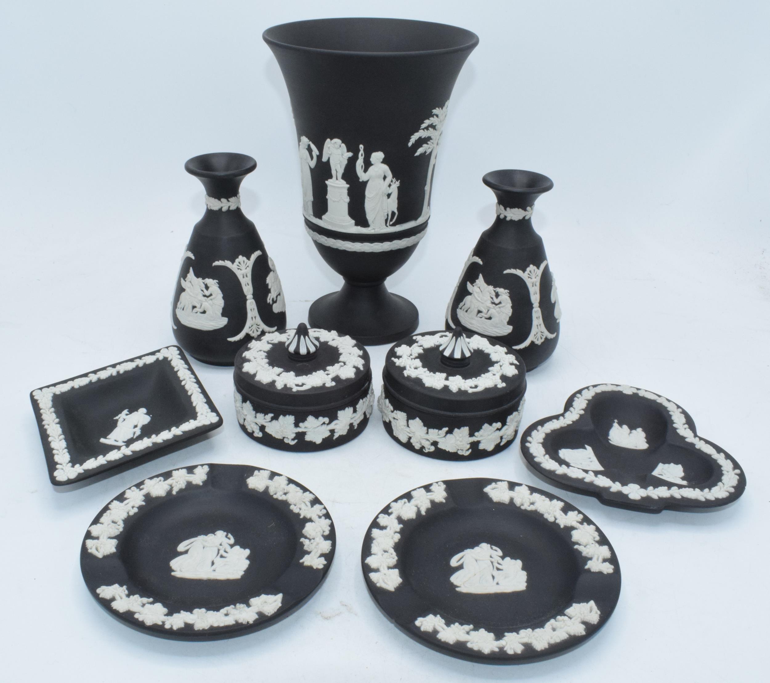 Wedgwood Jasperware in Black: to include a large 18cm vase, trinkets, bud vases and pin dishes (