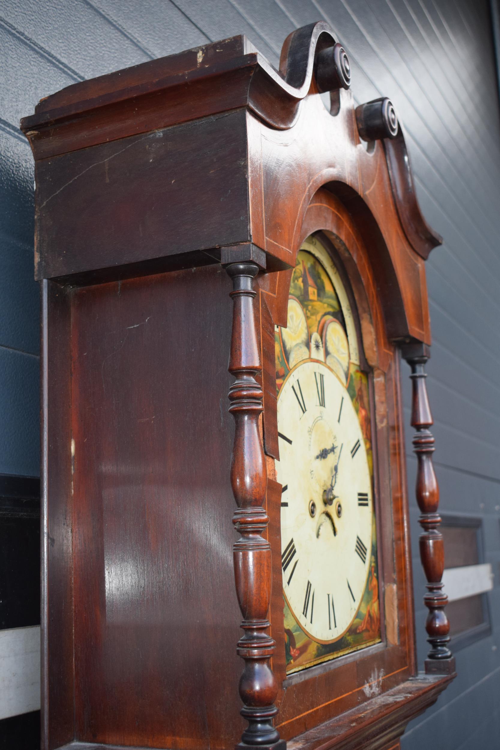 19th century mahogany longcase clock with arched rolling moon dial, with pendulum and weights, 222cm - Image 7 of 18