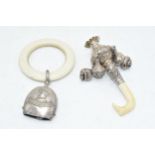 Hallmarked silver baby bell with teething ring together with a silver (marked 925) baby rattle