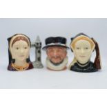 Large Royal Doulton character jugs to include Beefeater, Catherine of Aragon D6643 and Jane