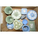 Wedgwood Jasperware in green and blue: to include a lighter, a trinket, pin dishes and others (all