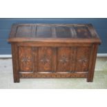 Mid 20th century carved coffer, 87x45x51cm tall. In good sturdy condition, some colour variation.