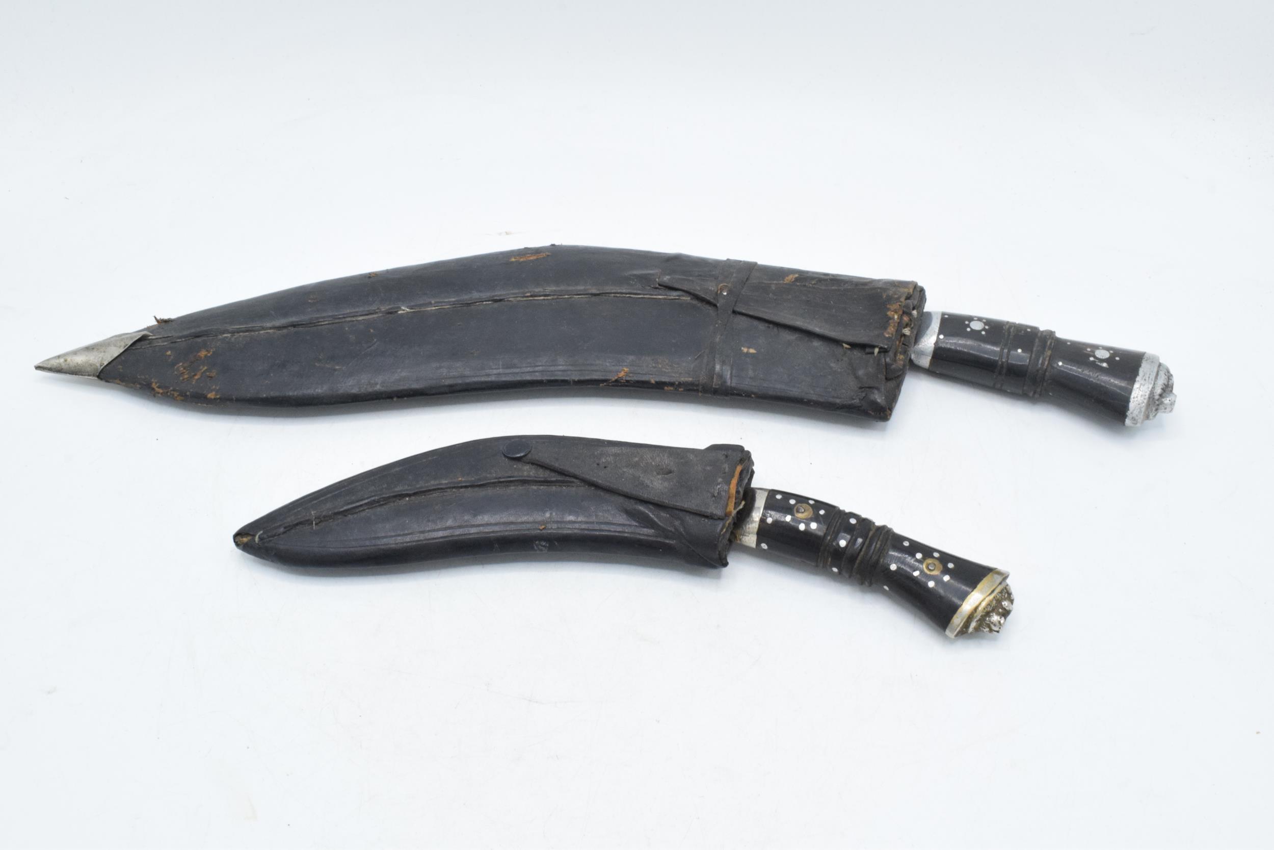 20th century Gurkha style Kukri knife in black leather scabbard together with smaller example (2), - Image 7 of 7